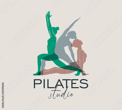 Woman doing Yoga, Pilates simple logo style icon. Slim girl doing pilates. Hand drawn colorful silhouette Vector illustration. Weight Loss. Health care and lifestyle concept. Female yoga.