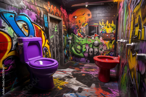 Public toilet with colored graffiti on the walls inside.
