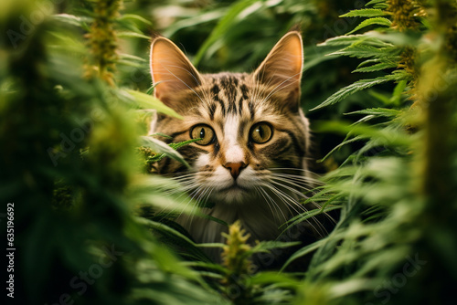 The cat sits in a thicket of hemp or cannabis. The cat peeks out from under the hemp bush.