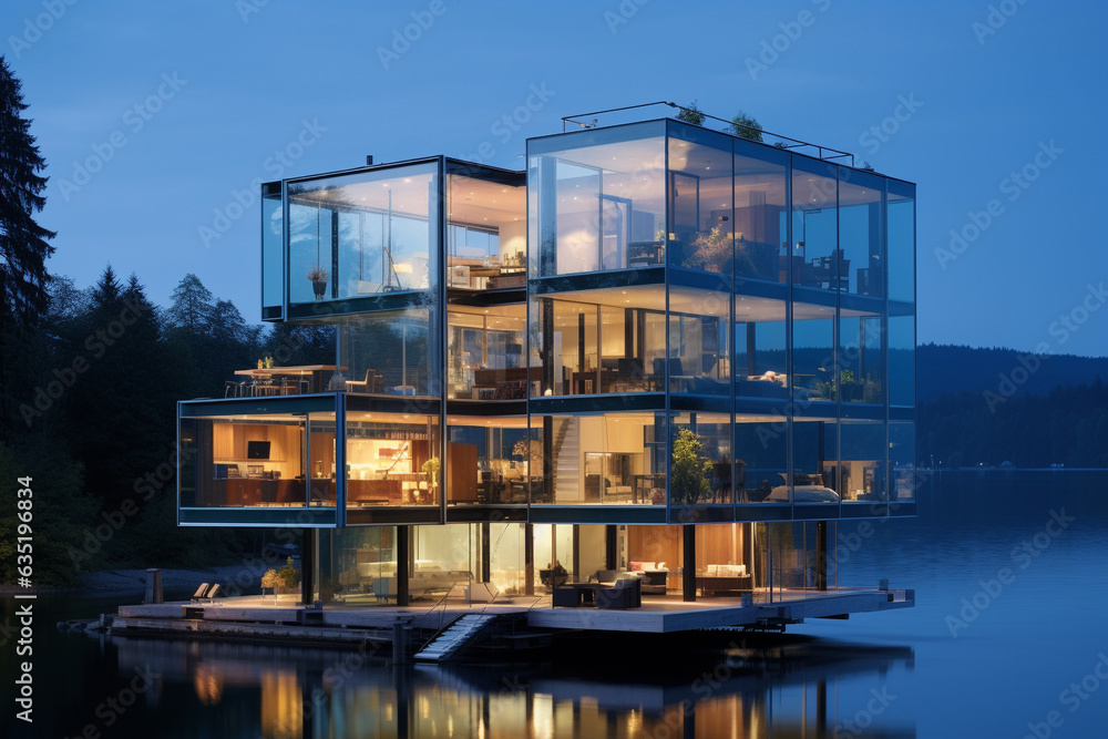 Residential building with glass walls on the banks of the river. Fully transparent house with furniture and interior lighting.