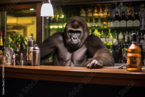 Gorilla bartender standing behind the bar in a pub.