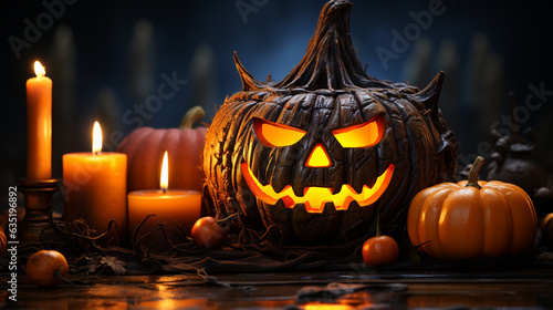 Intricately Carved Pumpkin or Jack-O-Lantern with Candles Next to It on Matte Black Background with Witchy Aesthetic - Halloween and Spooky Season Theme - Generative AI