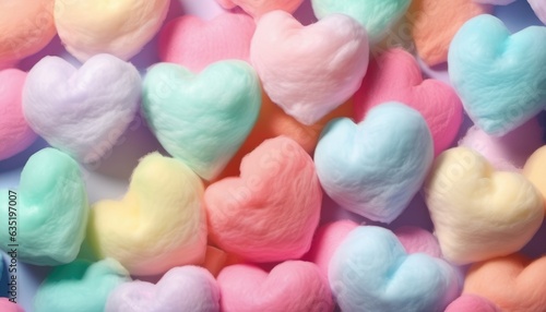 Colorful heart shape cotton candy, pastel color background. Close up of  cute  cotton candy representing love and romance. Lovely valentine sweet  backdrop. Top View, From Above, Flat Lay.