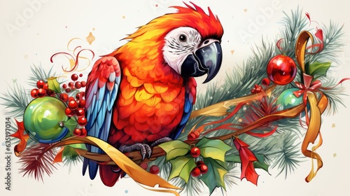 christmas parrot surrounded by colorful christmas ornaments