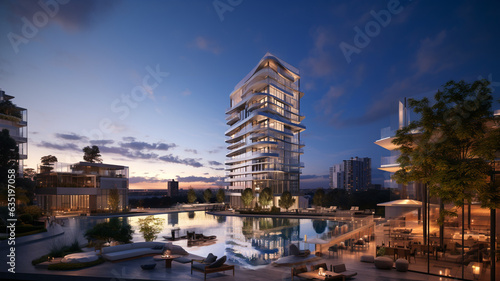 Print op canvas Modern high-rise residential skyscraper in the style of residential apartments in Miami