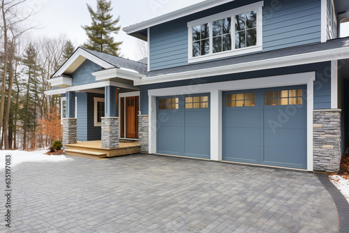 Modern American home, two-car garage, faux stone trim. Country cottage villa.