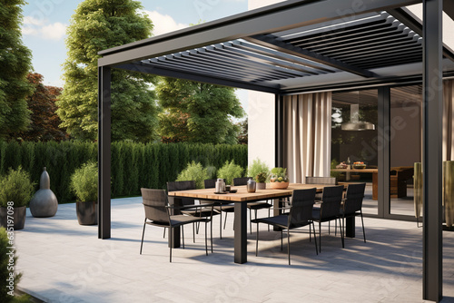 Fotomurale Cozy patio with sofas and a table. Pergola shade over patio.