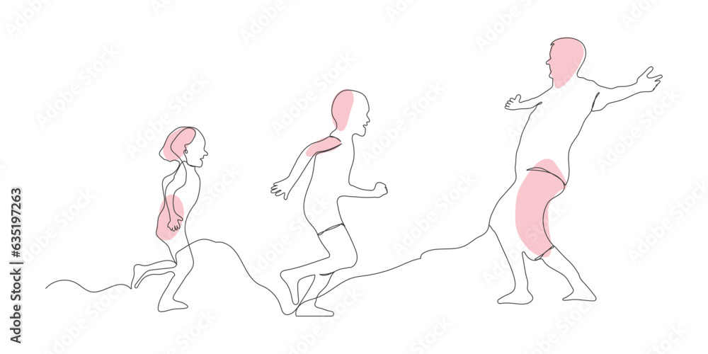 Fototapeta premium Father and children playing vector line art. Father and children happy moment continuous line drawing. line art concept of a friendly family.