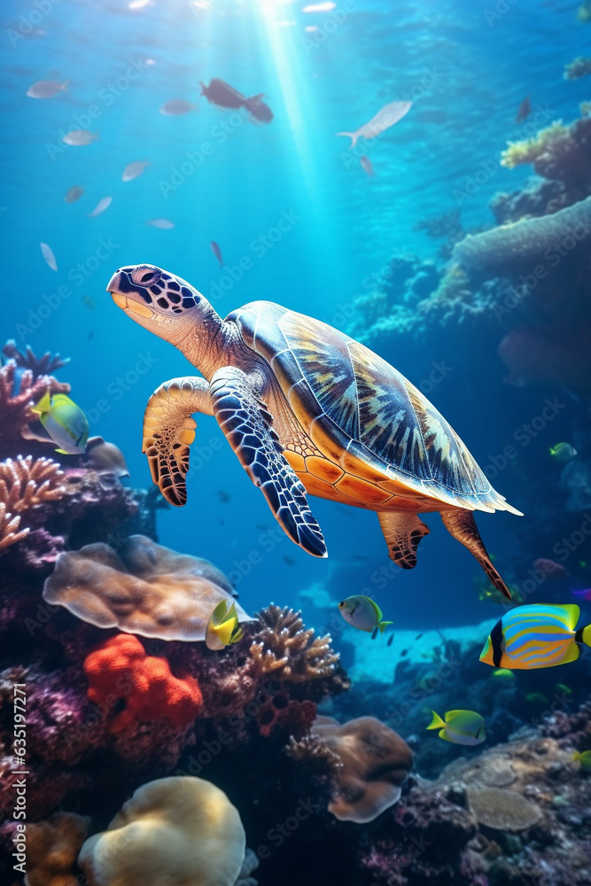 Sea turtle surrounded by colorful fish underwater. Sea turtle surrounded by colorful fish underwater.