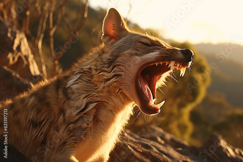 The Tasmanian tiger, thylacine, stands on a mountain at sunset and bares its teeth. The Tasmanian tiger is on the red list. photo