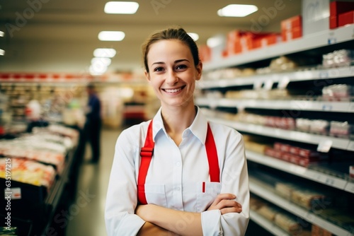 Portrait of young supermarket grocery worker at work Generative AI