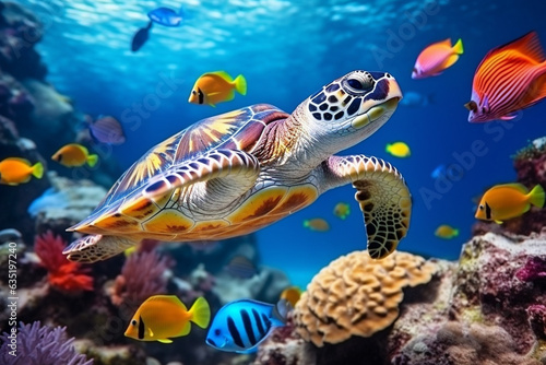 Sea turtle surrounded by colorful fish underwater. © serperm73