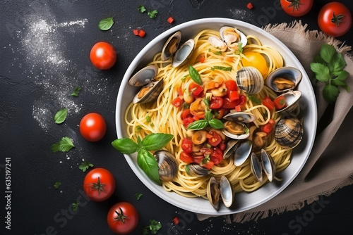 Pasta dish on a plate with tomato sauce and mussels.Top view.