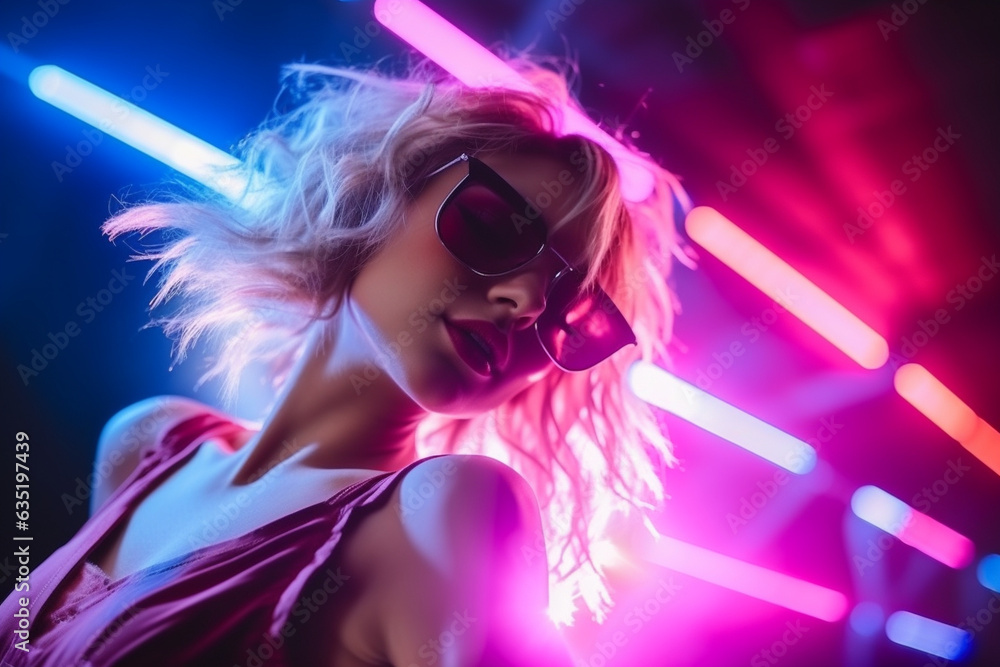 Attractive dancing blonde in a nightclub against the backdrop of disco lights. Attractive dancing blonde in a nightclub against the backdrop of disco lights.