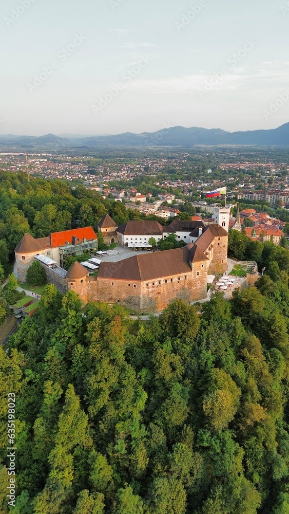 drone photo Ljubljana castle, Ljubljanski grad Ljubljana Slovenia europe	