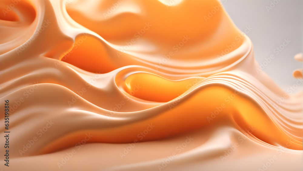 Abstract orange liquid background 3D render. Beautiful light pastel honey and apricot gradient waves - obrazy, fototapety, plakaty 