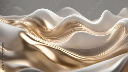 Liquid golden and white waves, 3D render fashion background wallpaper, luxurious backdrop with gold 