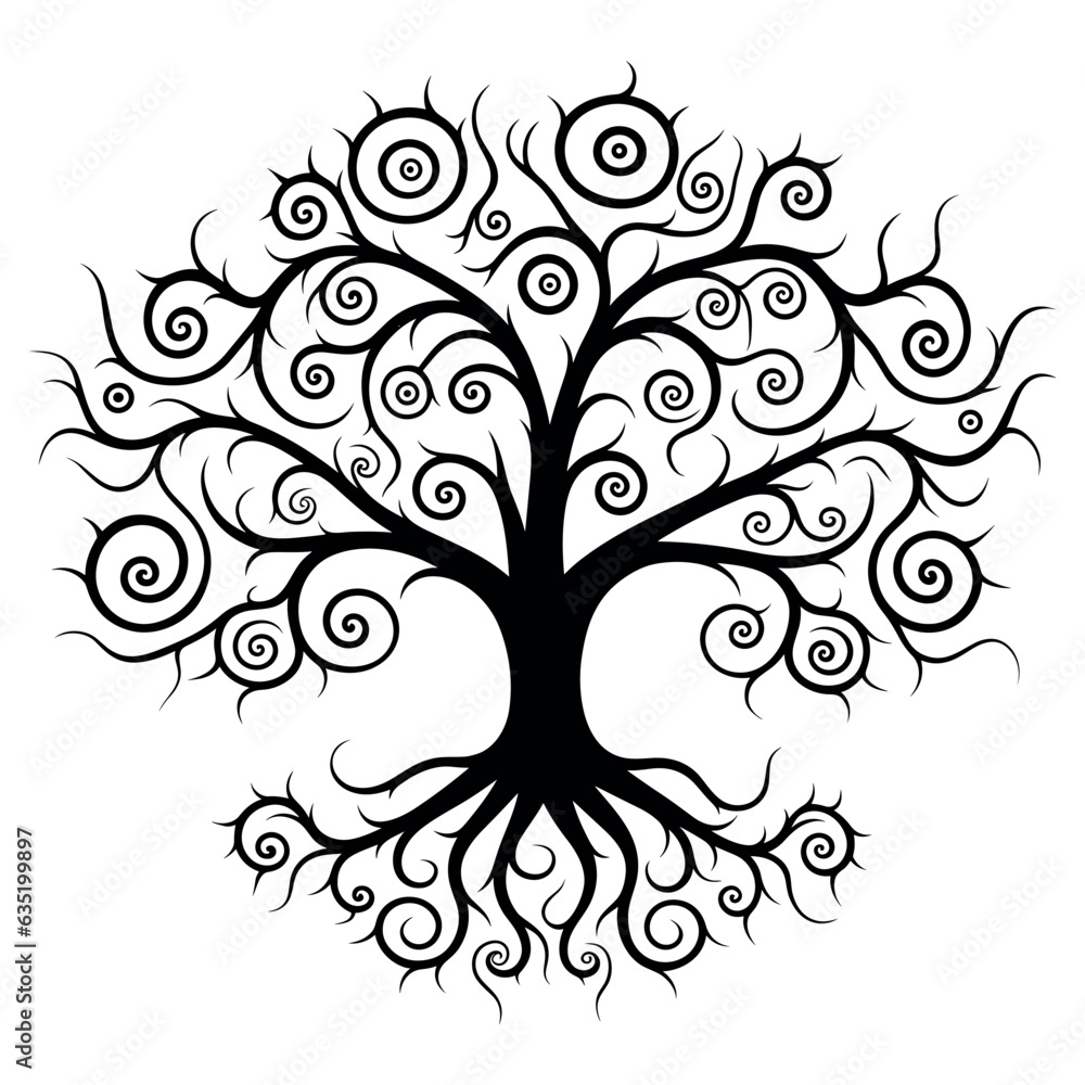 Yggdrasil tree, black and white tree silhouette vector isolated on white background