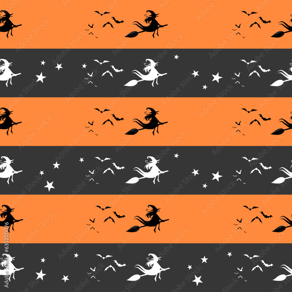 Halloween background seamless pattern. orange and Gray color line with the witch or witches,  broom, bat, and star