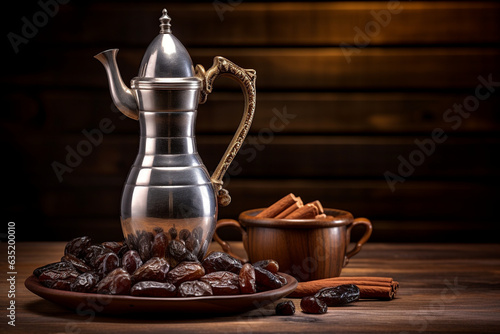 Metal teapot for Arabic tea or coffee. Arabic oriental zavrak concept, mocap on a dark background. AI generated.