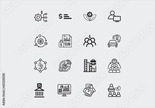 Vector business and finance editable stroke line icon set with money, bank, check, law, auction, exchange, payment, wallet, deposit, piggy, calculator, web, and more isolated outline thin symbol