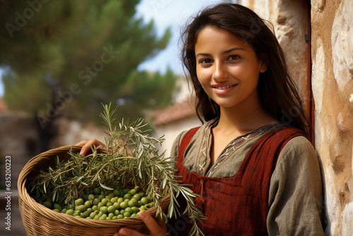 A young Greek woman with a basket of olive harvests. AI generated.