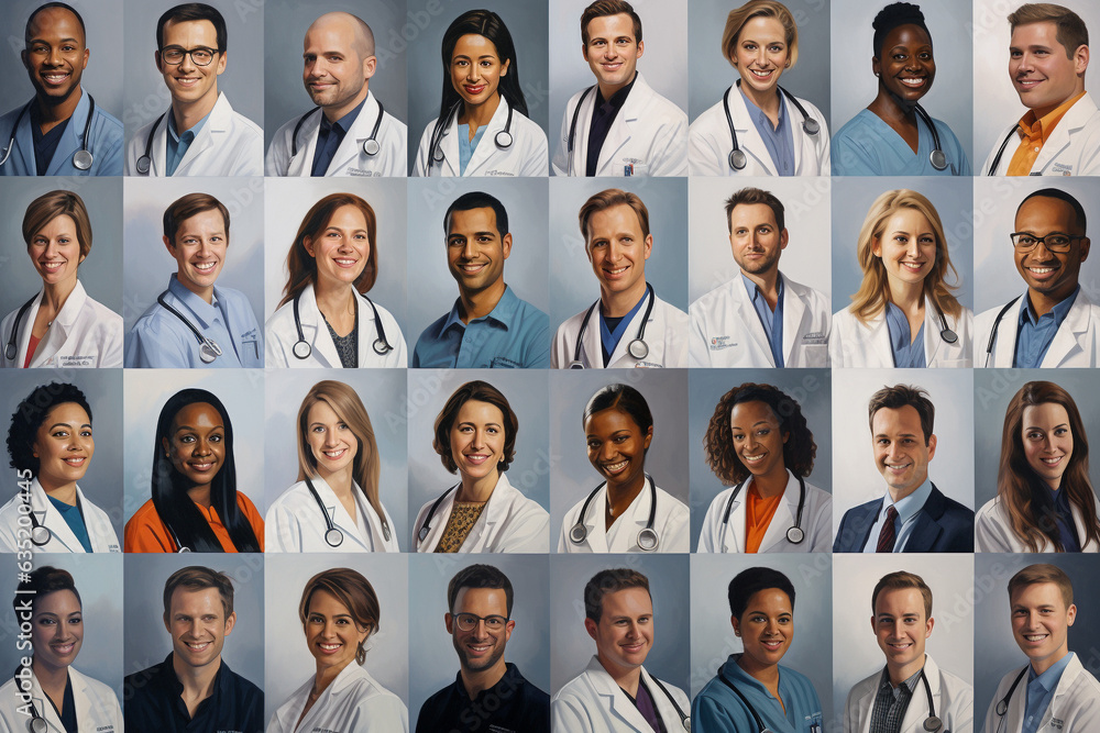 A collage of people, portraits of doctors in white coats. AI generated. A collage of people, portraits of doctors in white coats. AI generated.