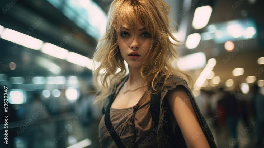 Stunning blonde model standing in city subway, fast paced lifestyle, creative long exposure light streaks and motion blur bokeh background, wearing edgy grunge street fashion - generative AI Stunning blonde model standing in city subway, fast paced lifestyle, creative long exposure light streaks and motion blur bokeh background, wearing edgy grunge street fashion - generative AI