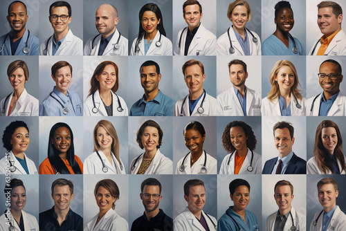 A collage of people, portraits of doctors in white coats. AI generated.