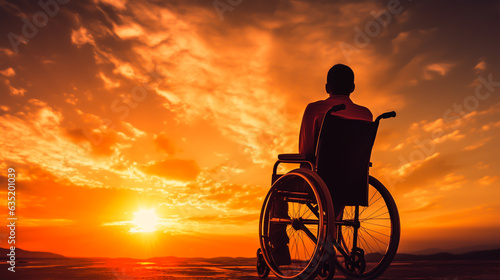 Silhouette of disabled man on wheelchair at the beach during sunset, Disable day