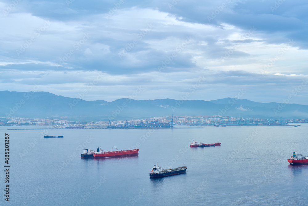 Ships waiting in front of Algeciras Spain seen from Gibraltar Ships waiting in front of Algeciras Spain seen from Gibraltar