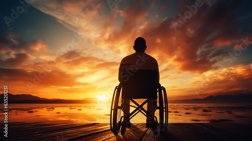 Silhouette of disabled man on wheelchair at the beach during sunset, Disable day