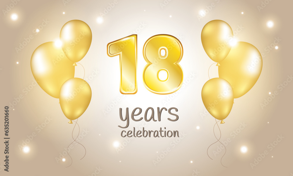 Obraz premium 18 years old. Banner for celebration. Number 18 in gold color with balloons. Adulthood. 