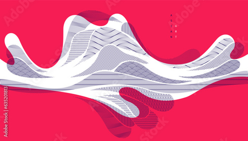 Abstract oriental Japanese art vector background in red color, traditional style design, wavy shapes and mountains terrain landscape, runny like sea lines.