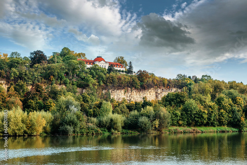 Tableau sur toile Autumn Landscape - River And Shores With Trees, Bushes And City Houses Marbach Am Neckar