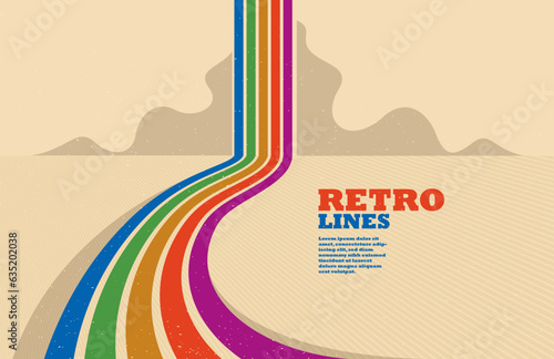 Linear vector abstract background in all colors of rainbow, retro style lines in 3D dimensional perspective, vintage poster art.