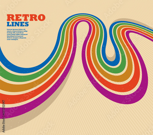 Retro style abstract background with curve lines in all colors of rainbow, 3D dimensional seventieth vector art.