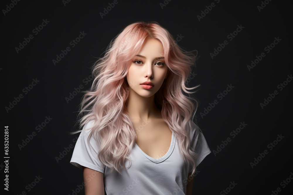 Beautiful portrait of Asian model with curly and pink hair black background Beautiful portrait of Asian model with curly and pink hair black background