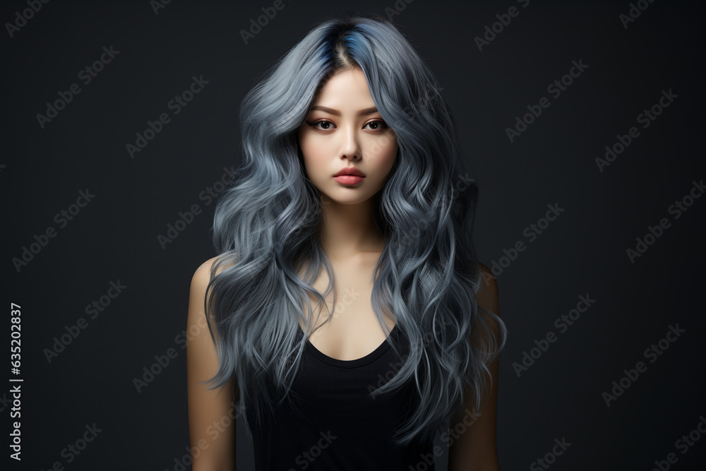 Beautiful portrait of Asian model with curly and blue hair black background Beautiful portrait of Asian model with curly and blue hair black background