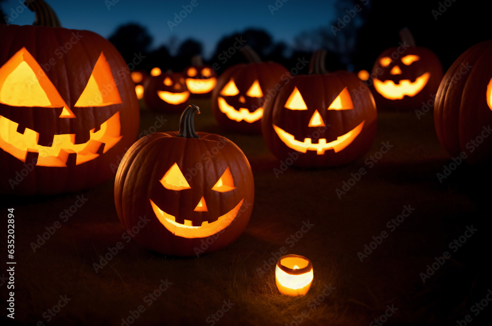 Laughing carved Halloween pumpkins on the lawn at night. Spooky wallpaper with a glowing Jack-o-lantern on the grass as a decoration for October 31st Laughing carved Halloween pumpkins on the lawn at night. Spooky wallpaper with a glowing Jack-o-lantern on the grass as a decoration for October 31st