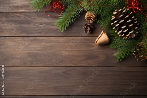 Christmas background with fir tree and decor. Top view