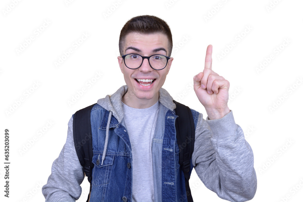 Smiling student in glasses points upward with a finger, signaling a brilliant idea, against a transparent background. Ideal for illustrating creative inspiration on various platforms. Smiling student in glasses points upward with a finger, signaling a brilliant idea, against a transparent background. Ideal for illustrating creative inspiration on various platforms.
