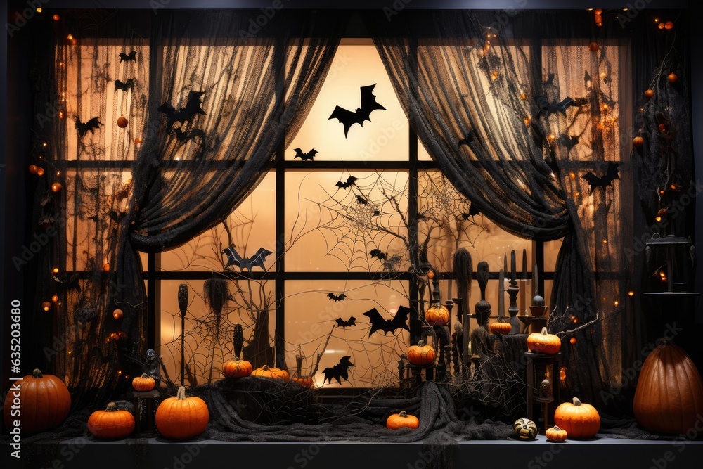 Halloween decorated Window with Black Curtains and Cobwebs, generative ai