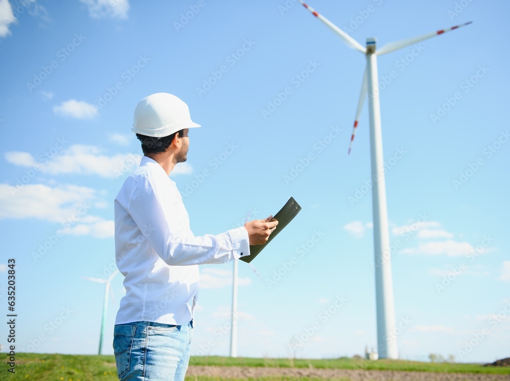 Portrait of focused indian man standing on field with wind turbines Portrait of focused indian man standing on field with wind turbines