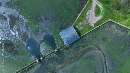 Aerial view from a drone of the Senra tidal mill in the Ortigueira estuary and marsh. Sierra de Capelada. Cantabrian Sea. Municipality of Ortigueira and Cariño. La Coruna. Galicia. Spain. Europe photo