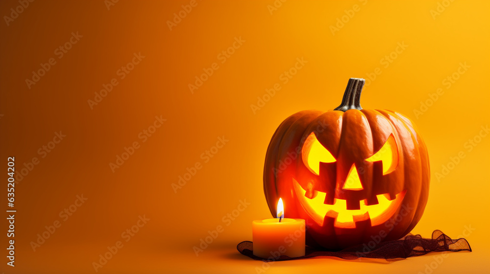 Carved Lit Pumpkin or Jack-O-Lantern with Candle Next to It on Bright Yellow Background with Copy Space - Halloween and Spooky Season Theme - Generative AI Carved Lit Pumpkin or Jack-O-Lantern with Candle Next to It on Bright Yellow Background with Copy Space - Halloween and Spooky Season Theme - Generative AI