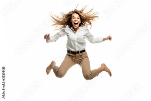 Woman Jumping In The Air With Her Hair In The Air On A White Background