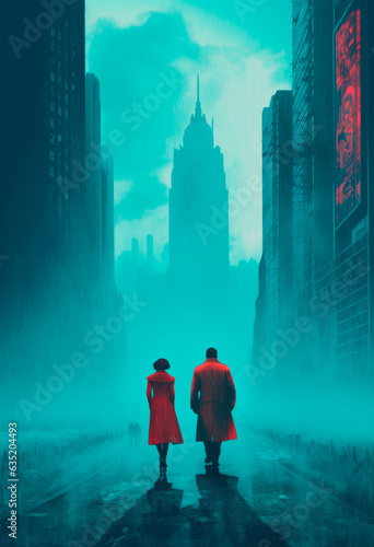 Two Persons in the City. Red Coated Couple Walking in the Cityscape with Skyscapers. Walking in the Street. 