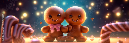 Christmas banner with Cute Gingerbread Men in love. Generative AI. Two Lovely Gingerbread Cookies. Header for website, party, sale. Family-Friendly Activities for a Merry Christmas