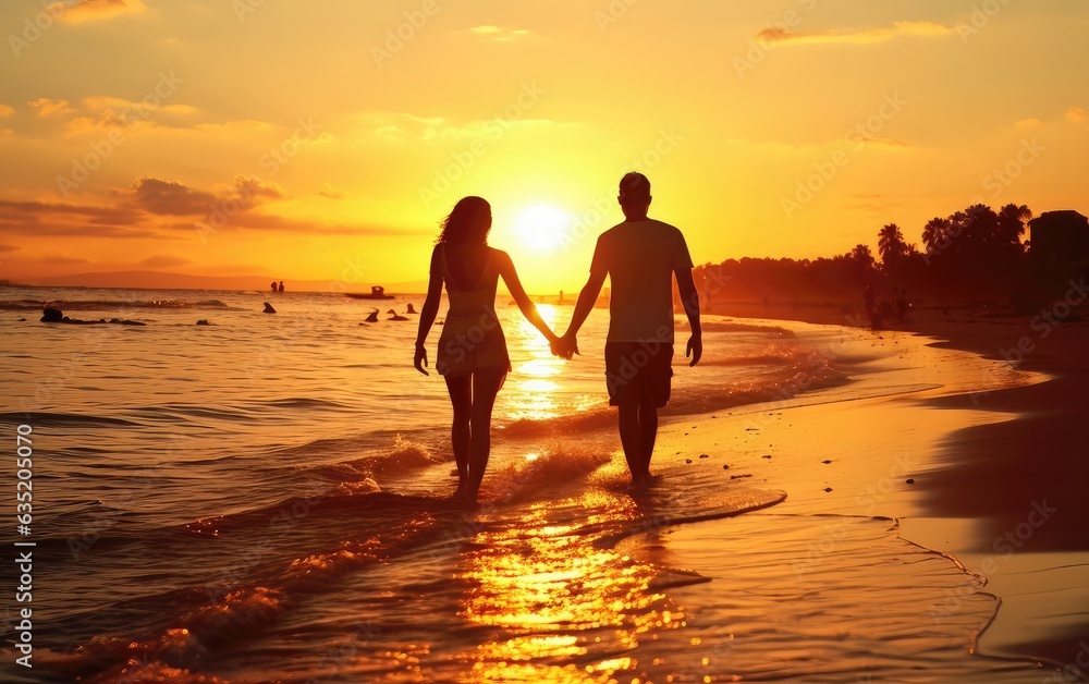 Romantic couple holding hands and walking on the beach at sunset